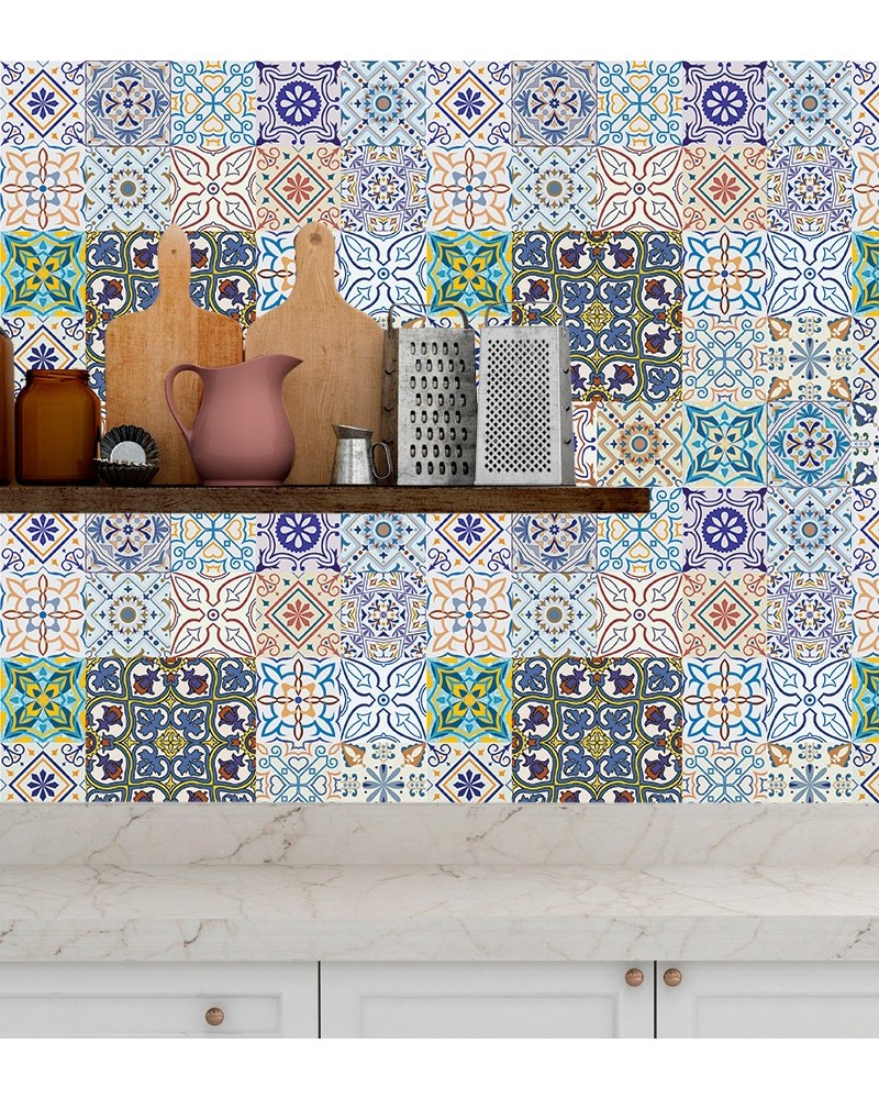 Papel de Parede Azulejo Hidráulico Português Colorido - Adesivo Autocolante