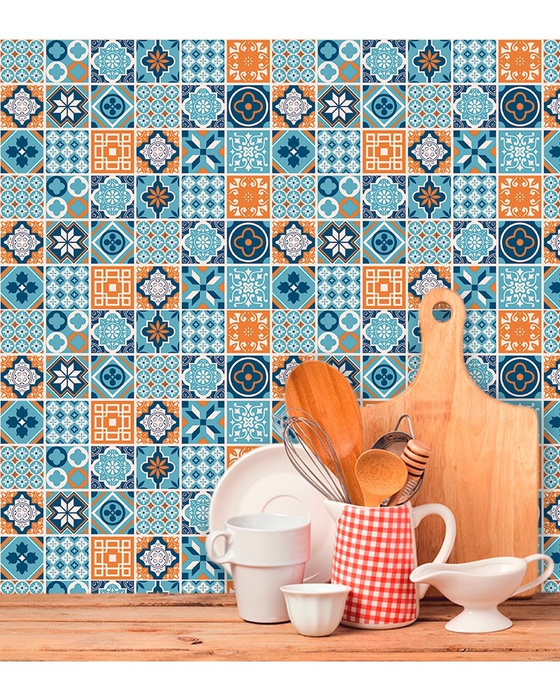 Papel de Parede Azulejo Hidráulico Português Tons de Azul Branco e Laranja - Adesivo Autocolante