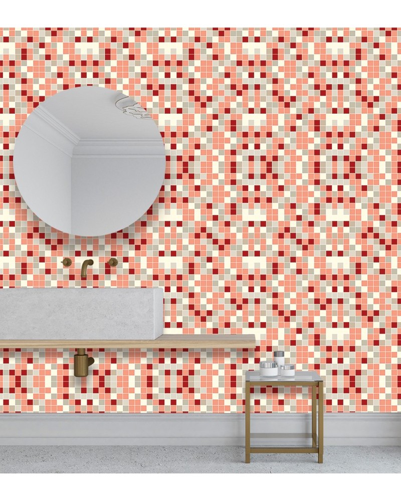 Papel de Parede para Azulejo - Pastilhas em Tons de Vermelho, Rosa e Branco - Autocolante