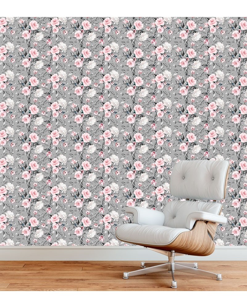 Papel de Parede Rosas em Tons de Branco e Rosa com Fundo Cinza - Adesivo Autocolante