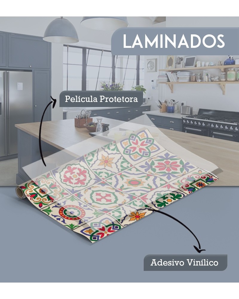 Papel de Parede Laminado Azulejo Português de Fundo Claro e Tons de Verde Azul Vermelho - Adesivo Autocolante