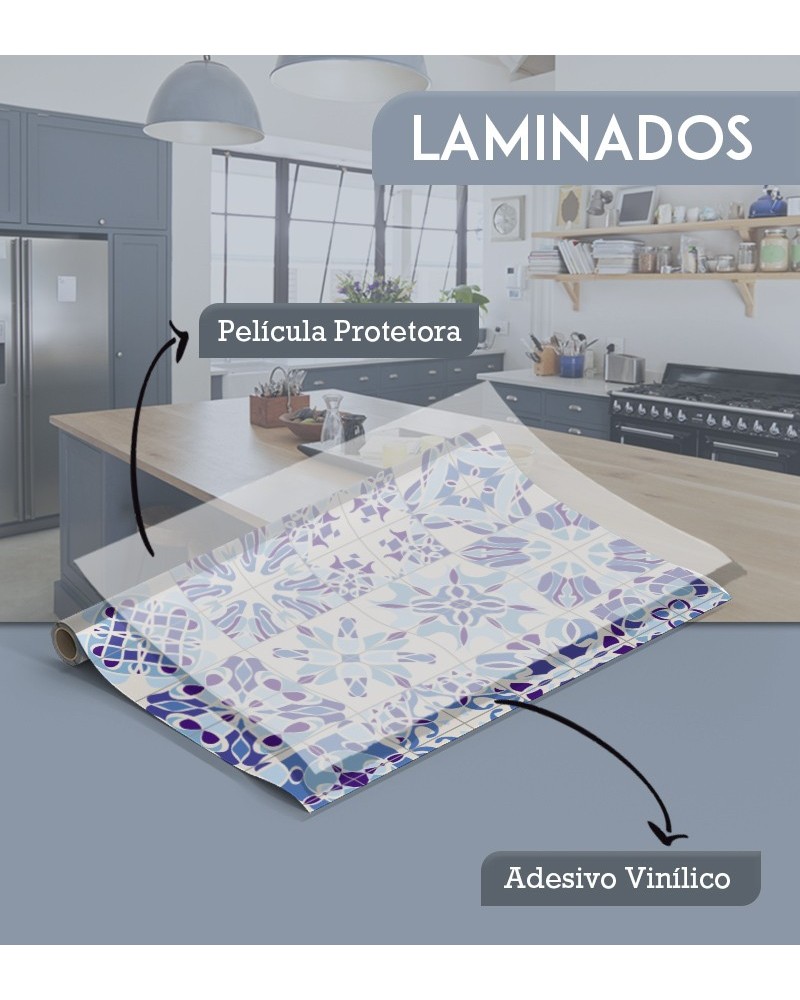 Papel de Parede Adesivo Laminado Azulejo Português Fundo Branco Tons Azul - Adesivo Autocolante