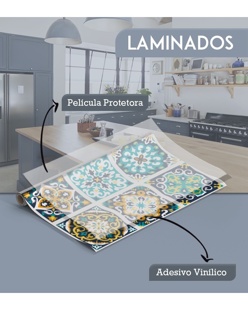 Papel de Parede Laminado Azulejo Português rejunte Branco Tons de Azul Amarelo e Verde - Adesivo Autocolante