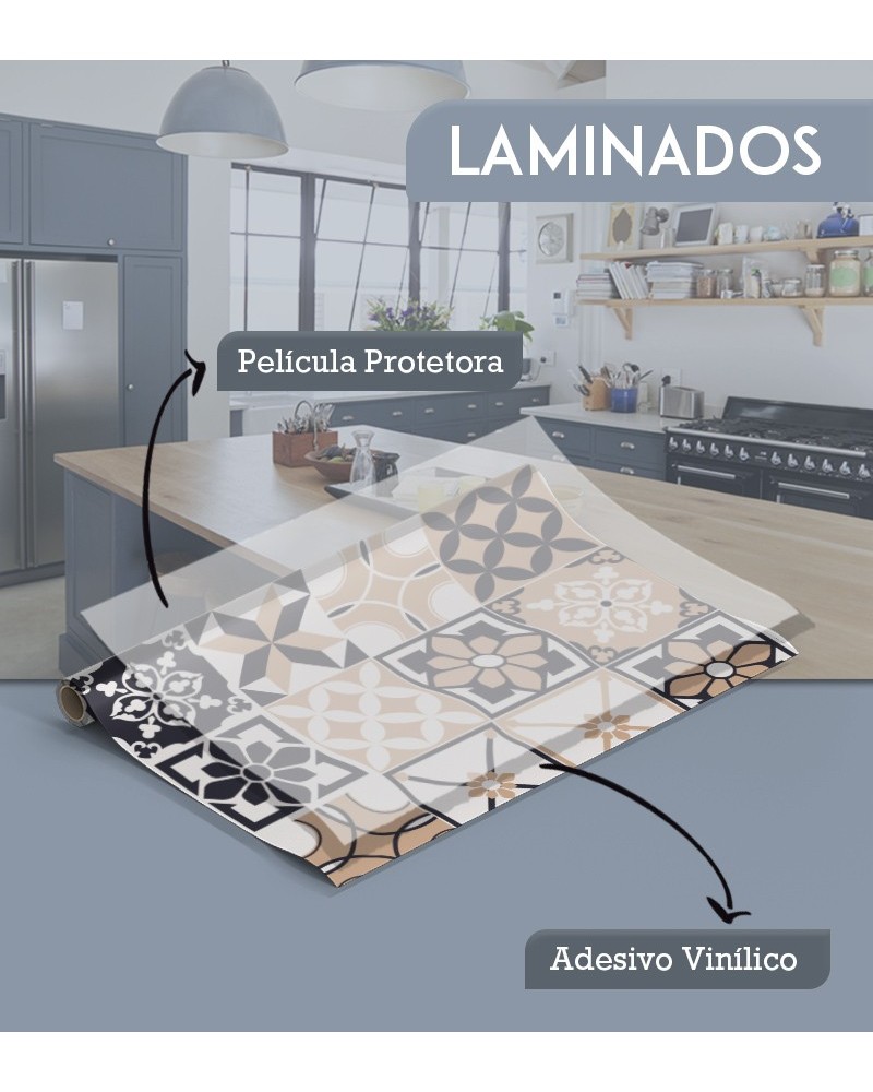 Papel de Parede Laminado Azulejo Português Tons pasteis e Preto - Adesivo Autocolante