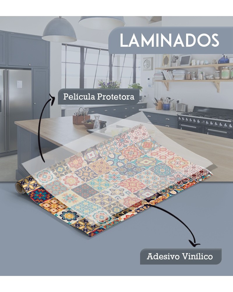 Papel de Parede Laminado Azulejo Português Cores Quentes - Adesivo Autocolante