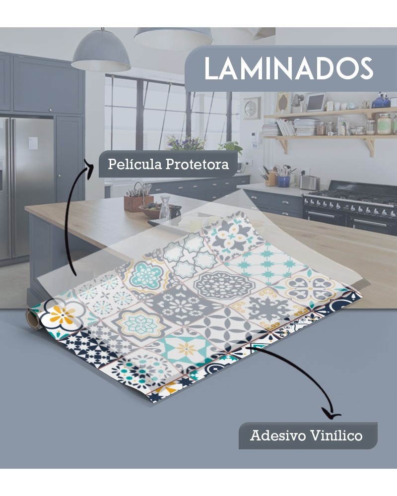 Papel de Parede Laminado Azulejo Português Fundo Branco Tons Azul e Amarelo - Adesivo Autocolante