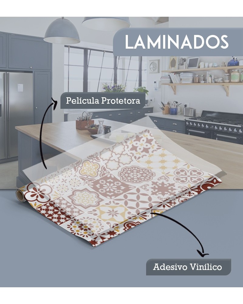 Papel de Parede Laminado Azulejo Português Funco Branco Tons Marrom Amarelo - Adesivo Autocolante