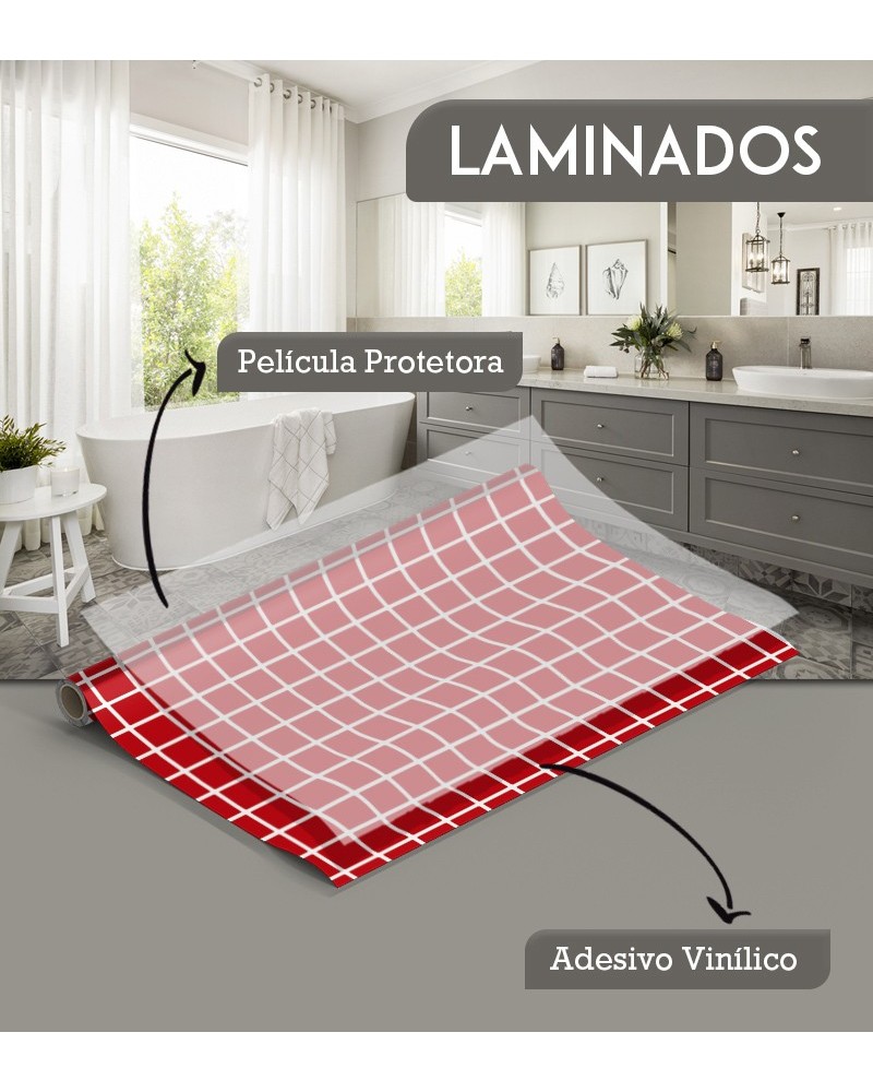 Papel de Parede Laminado para Azulejo - Pastilhas Vermelho com Rejunte Branco