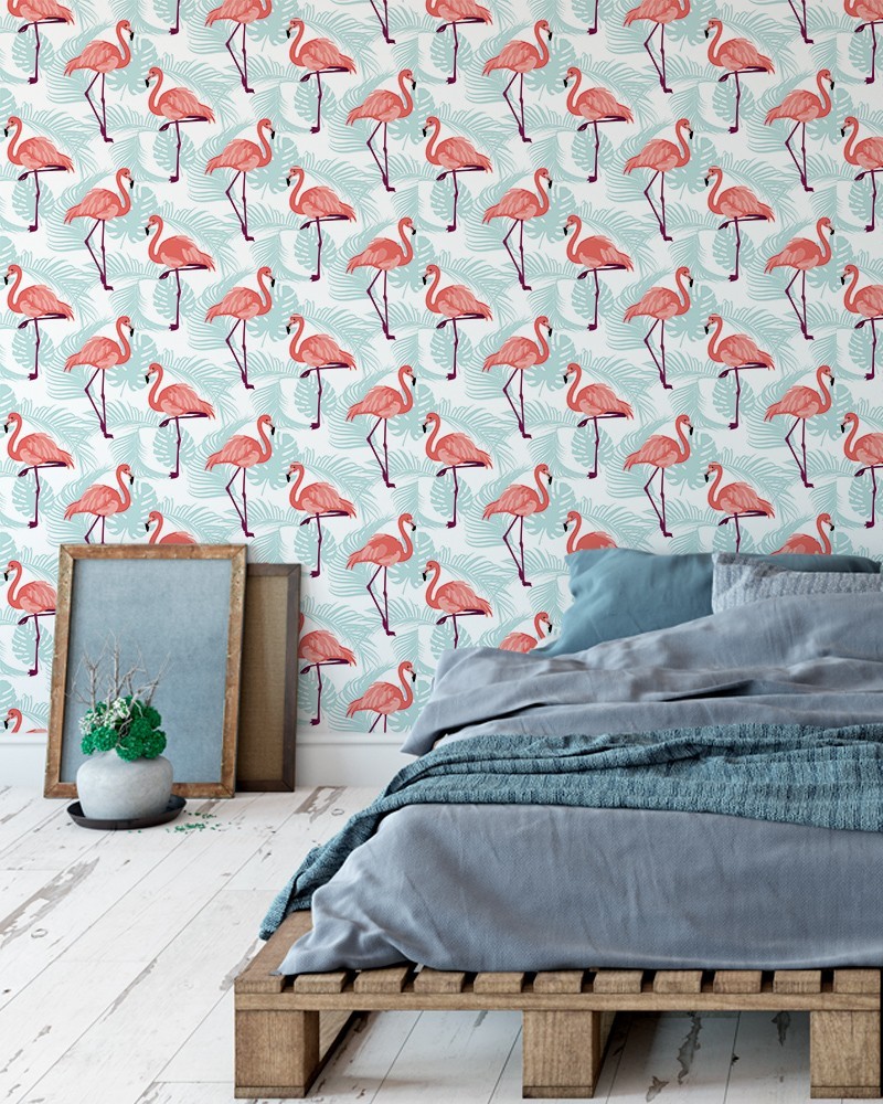 Papel de Parede Floral com Flamingos