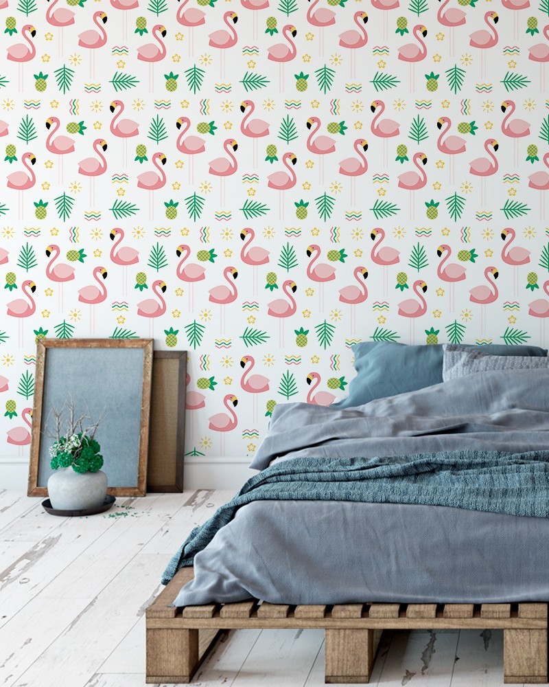 Papel de Parede Floral com Flamingos e Abacaxi Fundo Branco Adesivo Autocolante