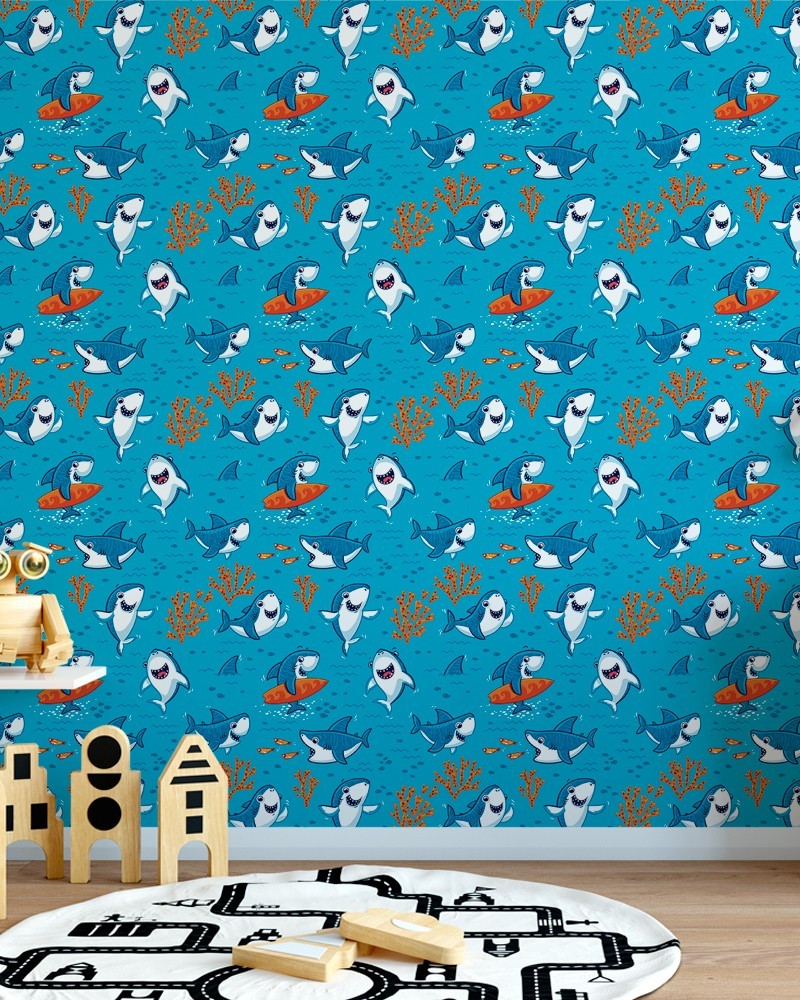 Papel de Parede Infantil - Baby Shark Fundo do Mar em Tons de Azul, Laranja e Branco Adesivo Autocolante