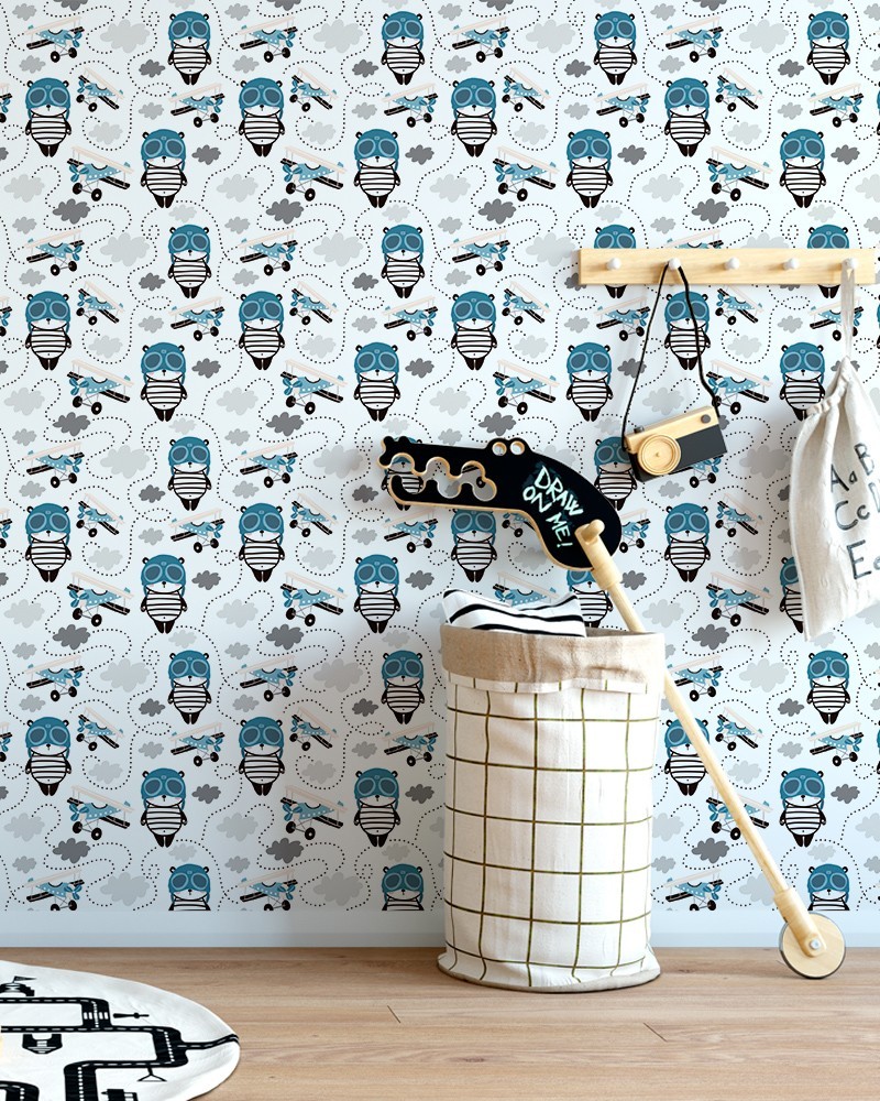 Papel de Parede Infantil - Aviões e Panda Aviador em Tons de Azul, Cinza, Preto e Branco Adesivo Autocolante