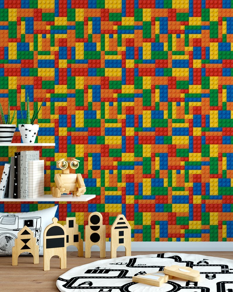 Papel de Parede Infantil - Peças Lego Colorido nas Cores Amarelo, Azul, Verde, Vermelho e Laranja Adesivo Autocolante