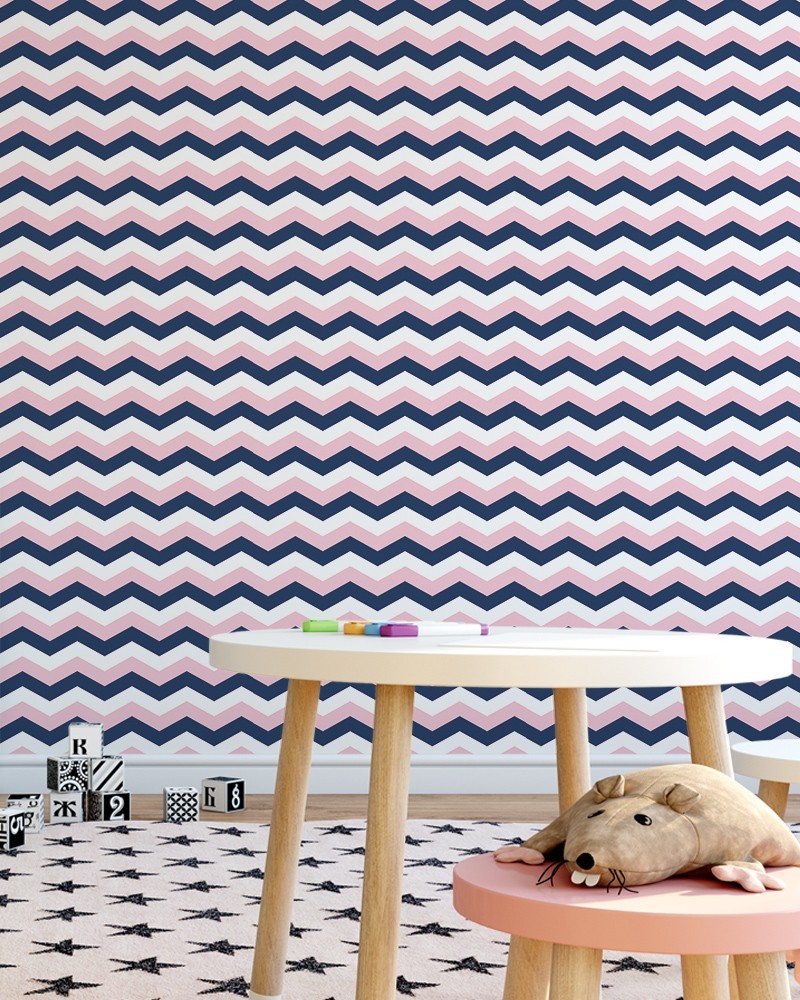 Papel de Parede Chevron Azul com Tons de Rosa e Branco Zig Zag Autocolante