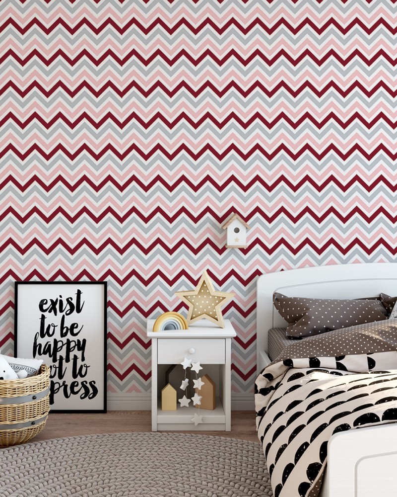 Papel de Parede Zigui Zague Chevron Marsala com Tons de Rosa e Cinza - Autocolante