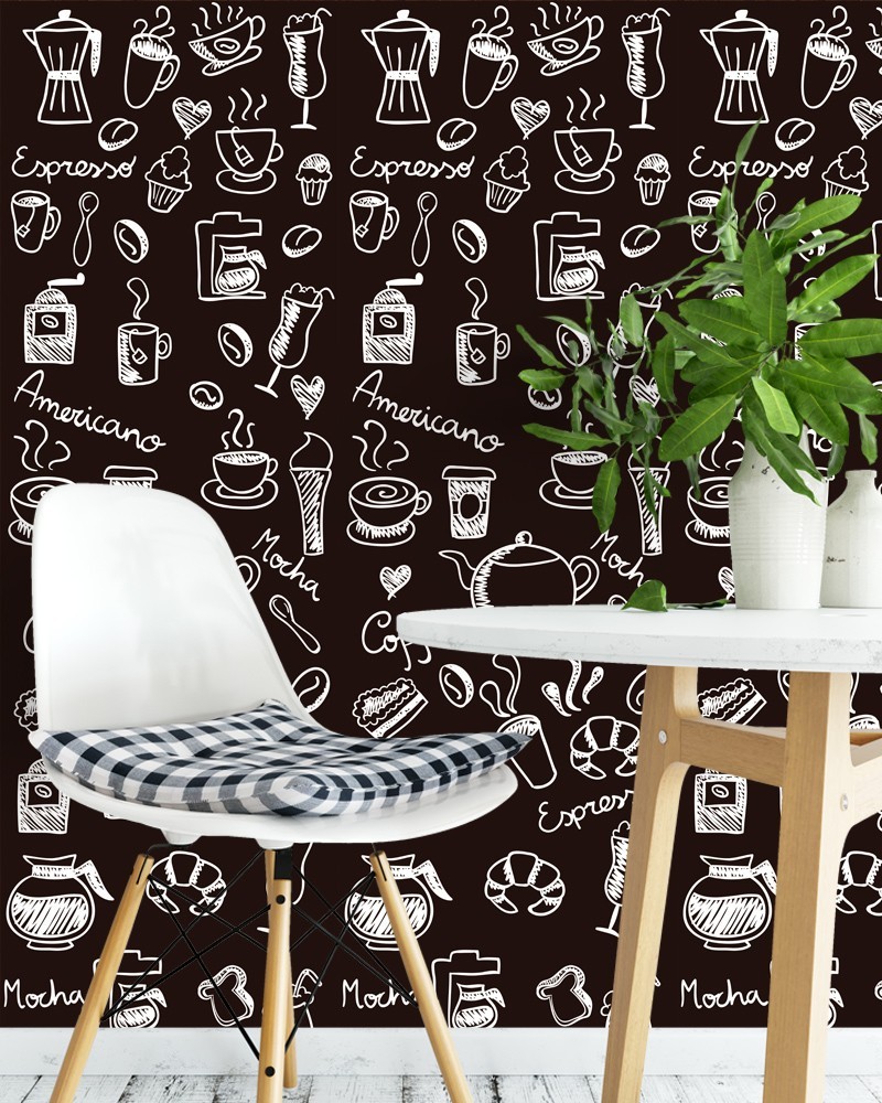 Papel de Parede Temático Coffee Marrom Escuro e Detalhes Branco -  Adesivo Autocolante