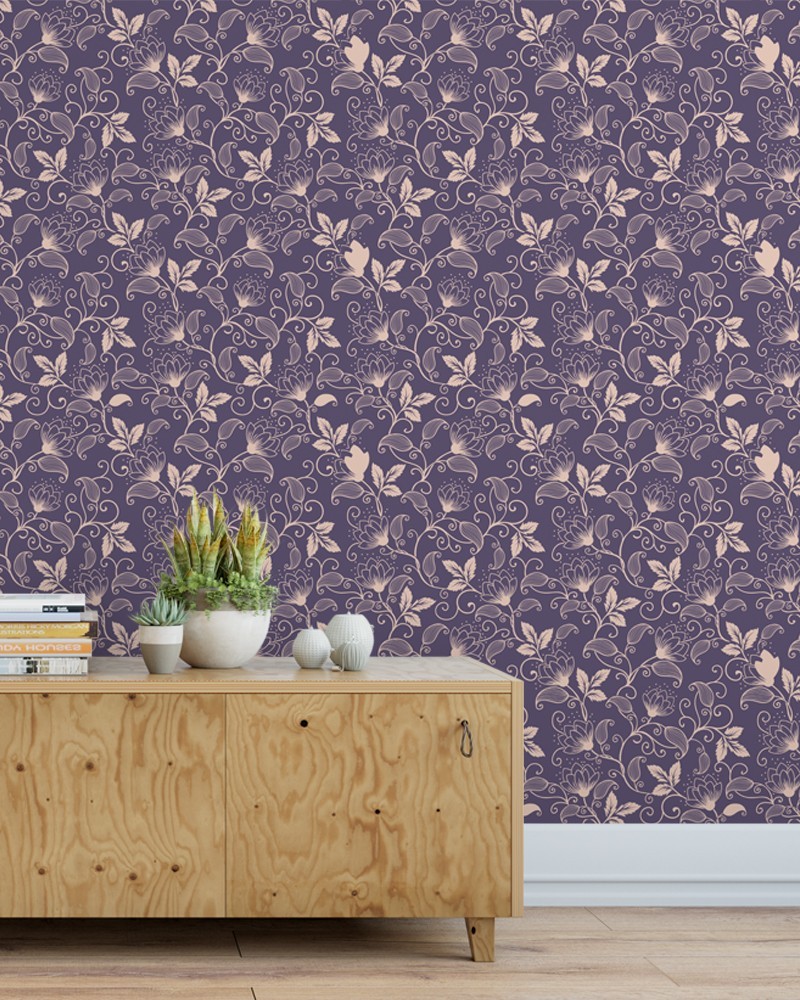 Papel de Parede Floral Tons de Creme com Fundo Roxo