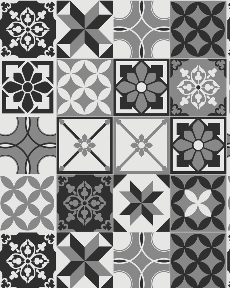 Papel de Parede Azulejo Hidráulico Português Tons Preto e Branco - Adesivo Autocolante